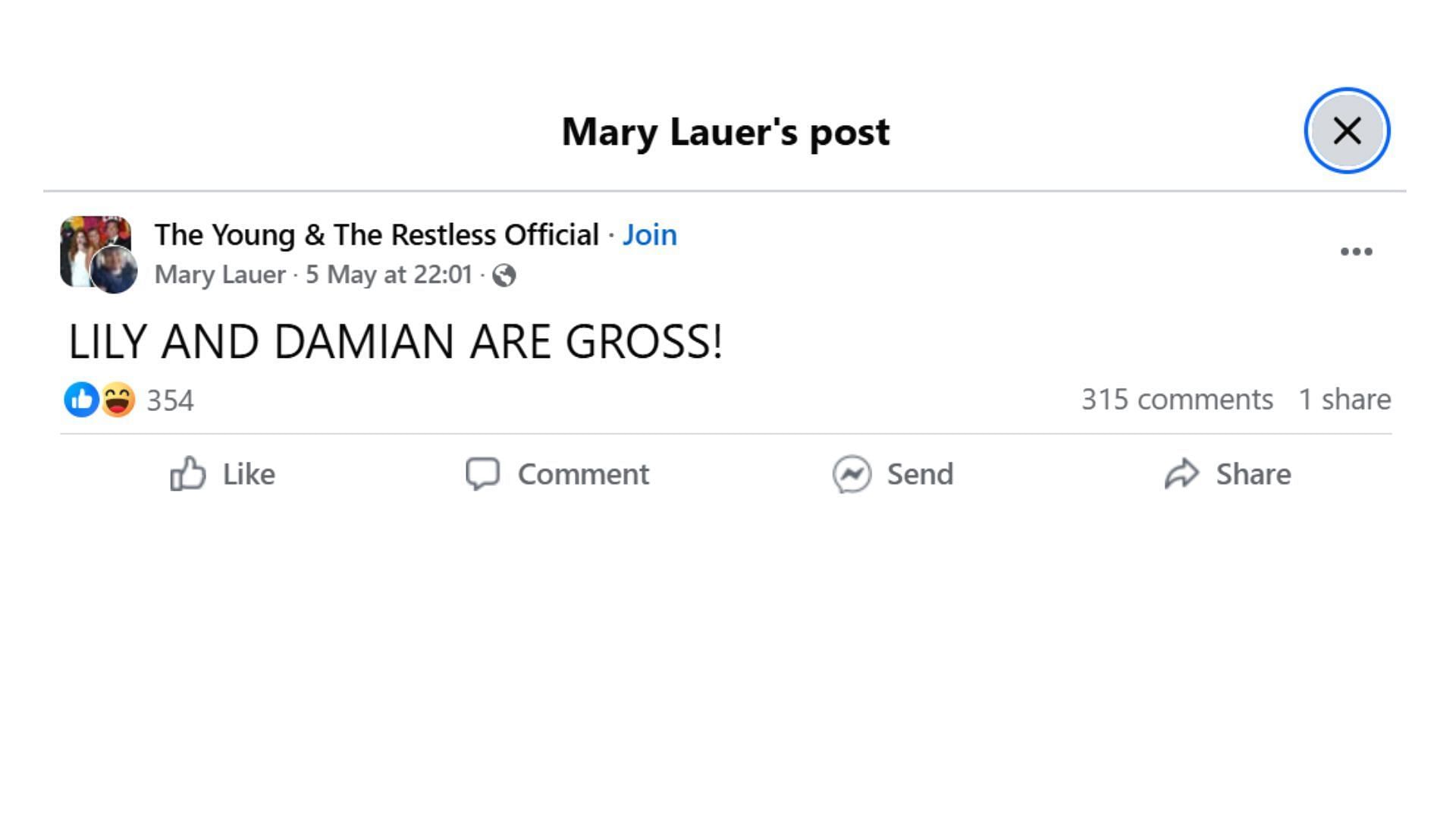 The original post by the fan (Image via Facebook/@Mary Lauer)